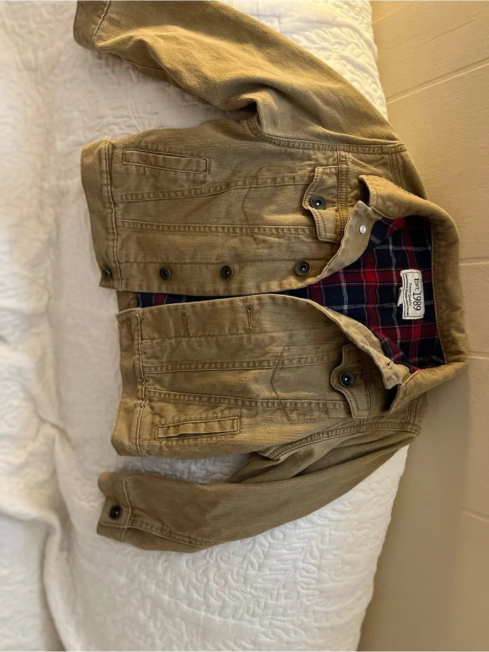 The Children's Place Tan Corduroy Jacket with Red & Navy Plaid Lining